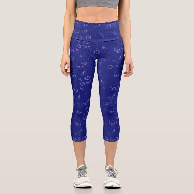 Leggings Capri Motif floral simple rétro bleu (Recto)