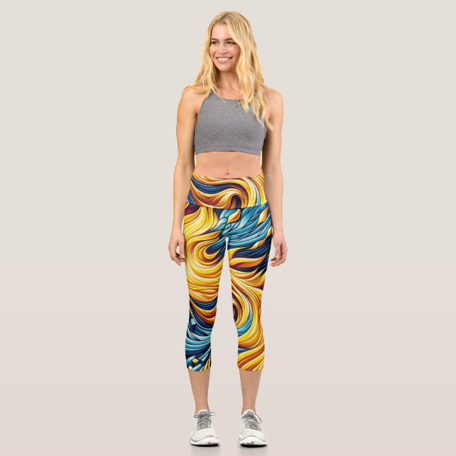 Leggings Capri Motif géométrique de glace de feu jaune (Recto)