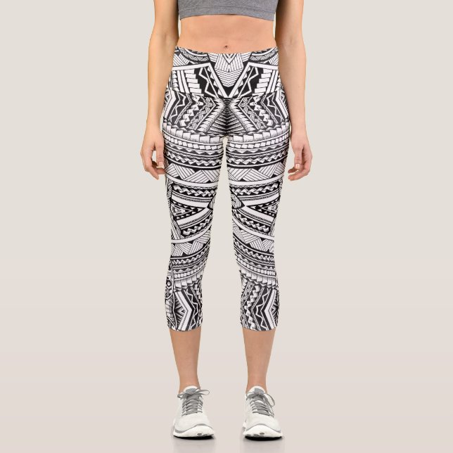 Leggings Capri Motif géométrique tribal noir et blanc chic (Recto)