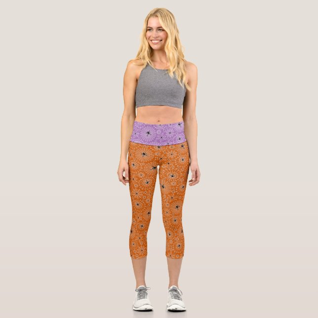 Leggings Capri Motif Halloween | Araignées sur toiles d'araignées (Recto)