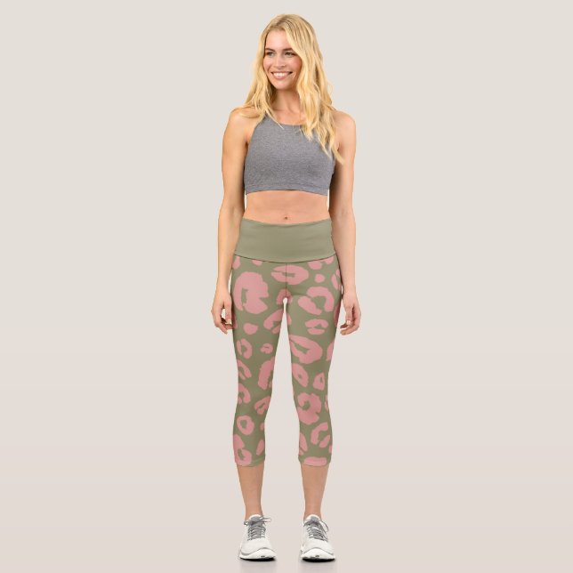Leggings Capri Motif léopard moderne vert et rose (Recto)