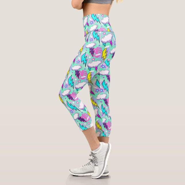 Leggings Capri Motif Neon Lightning Bolts & Stars (Gauche)