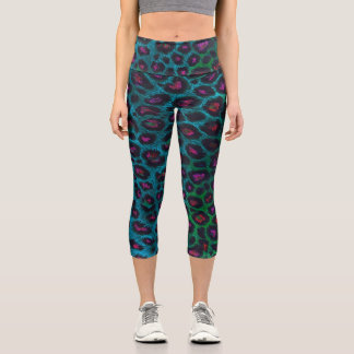 Leggings Capri Motif Neon-Noir de léopard des neiges