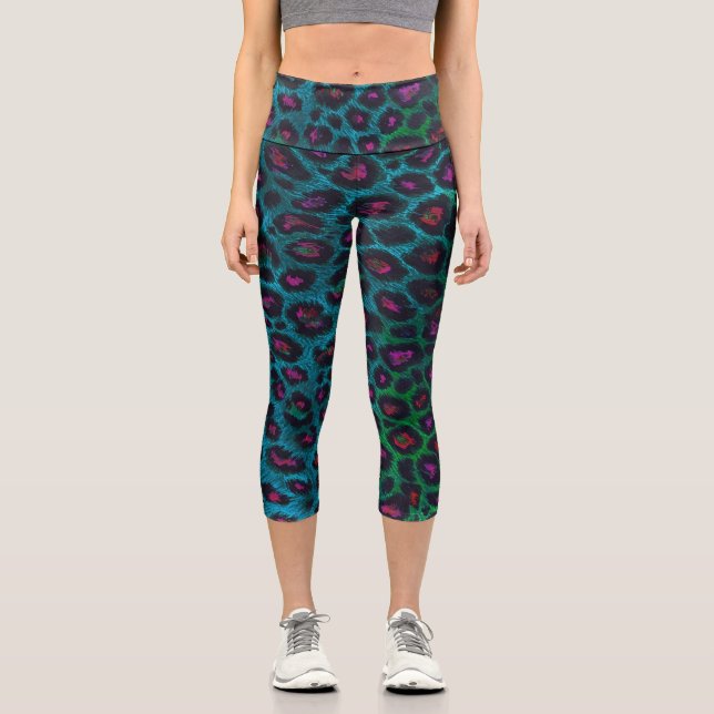 Leggings Capri Motif Neon-Noir de léopard des neiges (Recto)