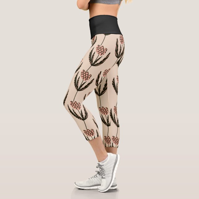 Leggings Capri Motif noir de verdure de feuille florale abstraite (Gauche)
