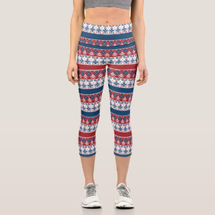 Leggings Capri Motif norvégien rayé bleu rouge