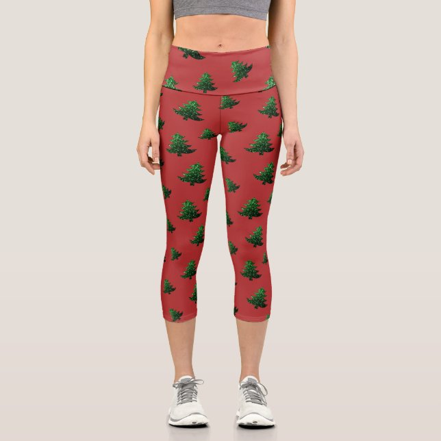 Leggings Capri Motif pétillant vert sapin de Noël (Recto)