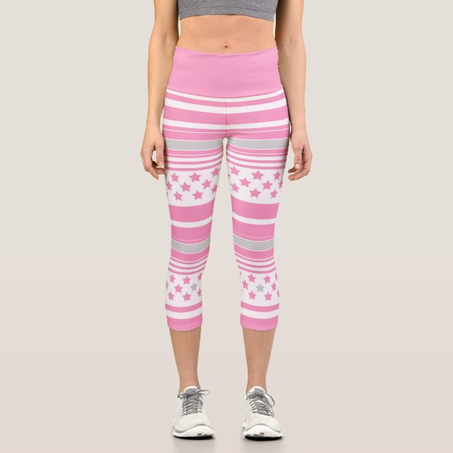 Leggings Capri Motif rayé rose avec étoiles (Recto)