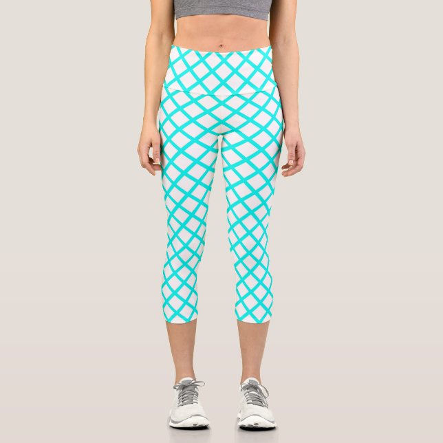 Leggings Capri Motif rayures diamant arlequin blanc sarcelle (Recto)