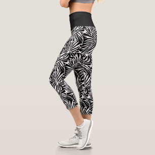 Leggings Capri Motif Répétant à feuilles tropicales noires et bla
