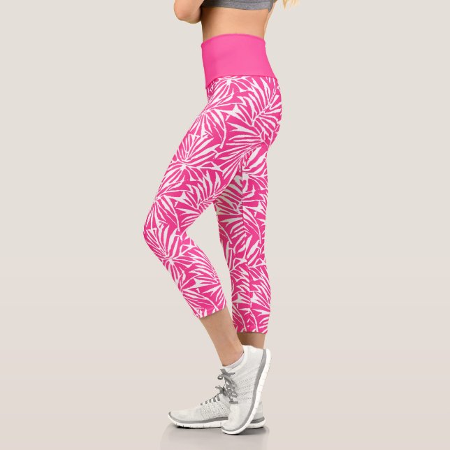 Leggings Capri Motif Répétant De Feuille Tropicale Blanche Et Ros (Gauche)
