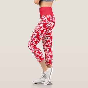 Leggings Capri Motif répété Floral Rouge Et Blanc