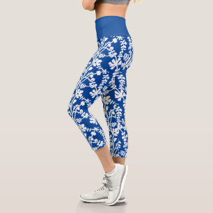 Leggings Capri Motif répétitif Floral Bleu Et Blanc