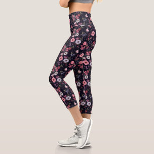 Leggings Capri Motif Rose D'Été En Noir