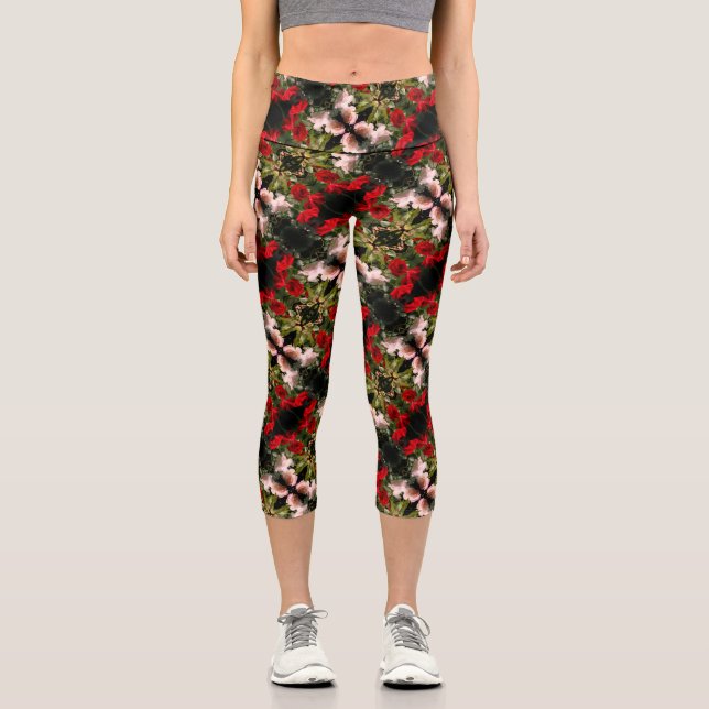 Leggings Capri Motif Rose Rouge Et Blanc (Recto)
