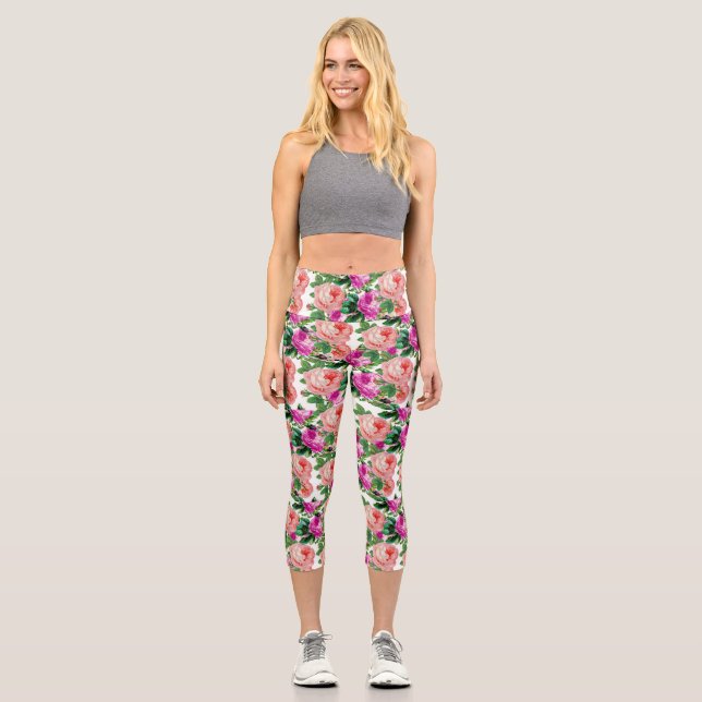 Leggings Capri Motif Rose vintage rose et violet (Recto)