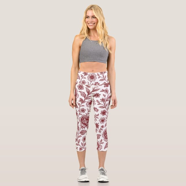 Leggings Capri Motif Rose Vintage rouge foncé (Recto)