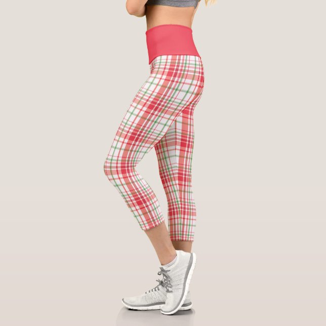 Leggings Capri Motif rouge vert plaid sur blanc (Gauche)