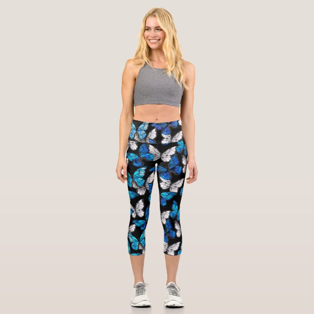 Leggings Capri Motif sans couleur foncée avec papillons bleus Mor (Recto)
