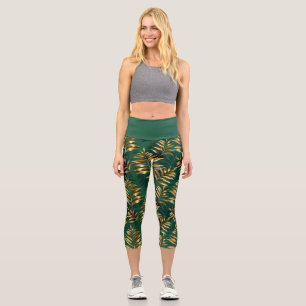 Leggings Capri Motif sans couture avec des fougères dorées