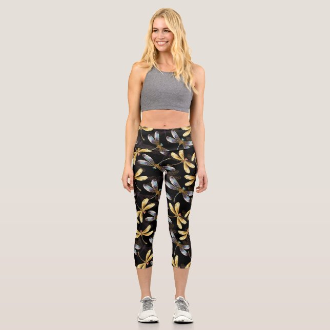 Leggings Capri Motif sans couture avec libellules d'or (Recto)