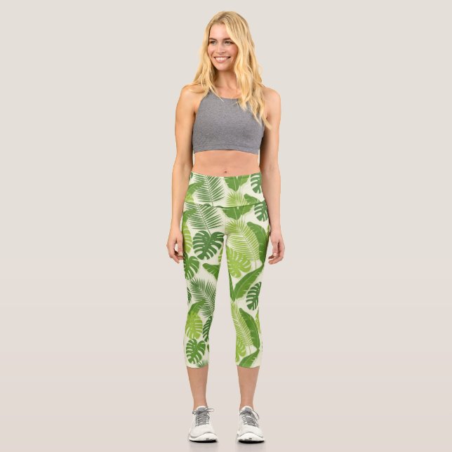 Leggings Capri Motif sans couture de feuilles tropicales & Monste (Recto)