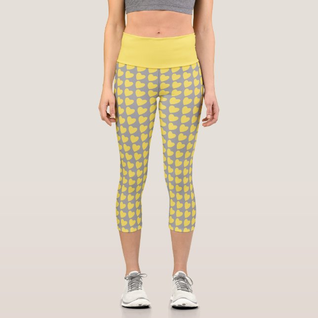 Leggings Capri Motif tendance de coeur jaune et gris (Recto)