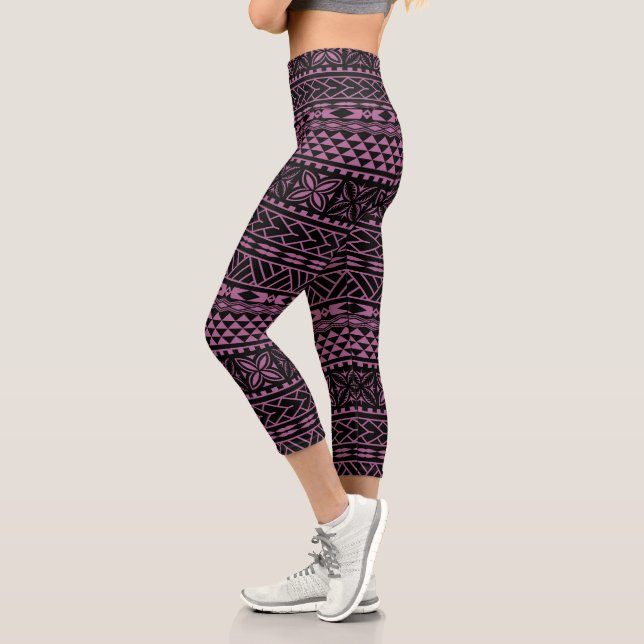 Leggings Capri Motif tribal Hawaïen noir rose (Gauche)