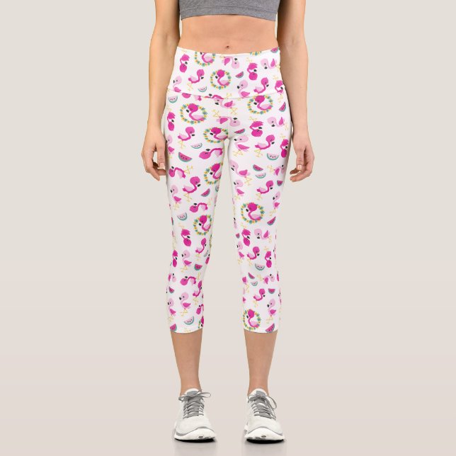 Leggings Capri Motif tropical, Flamants roses, pastèques, Fleurs (Recto)