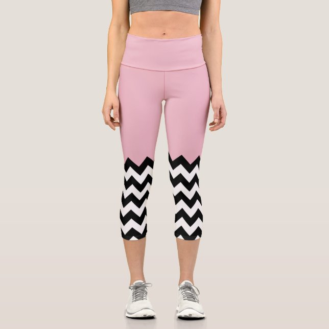 Leggings Capri Motif Zigzag noir et blanc, Chevron, rose (Recto)