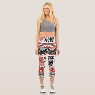 Leggings Capri Motifs indiens, rouge noir, motif sans couture.