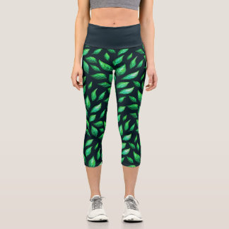 Leggings Capri Nature Lover Green Feuilles Dark Botanical Motif