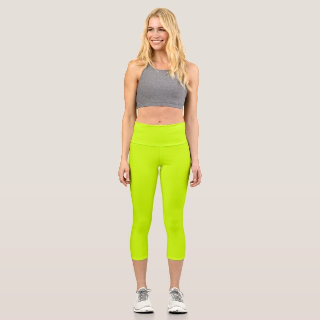 Leggings Capri Neon Lime Jaune Couleur Solide | Classique (Recto)