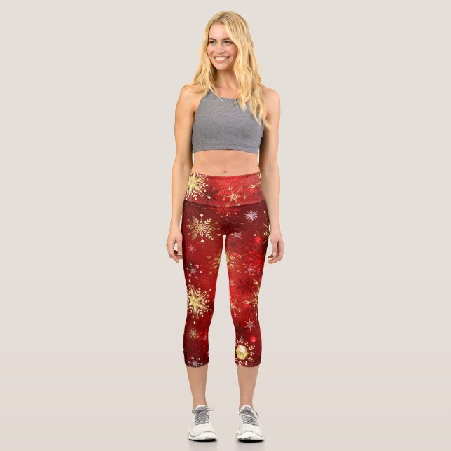 Leggings Capri Noël Golden Snowflakes sur Arrière - plan rouge (Recto)