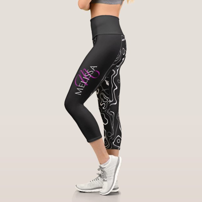 Leggings Capri Noir blanc damas abstrait motif Monogramme (Gauche)