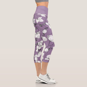 Leggings Capri Noir et blanc élégant orchidée floral moderne lila