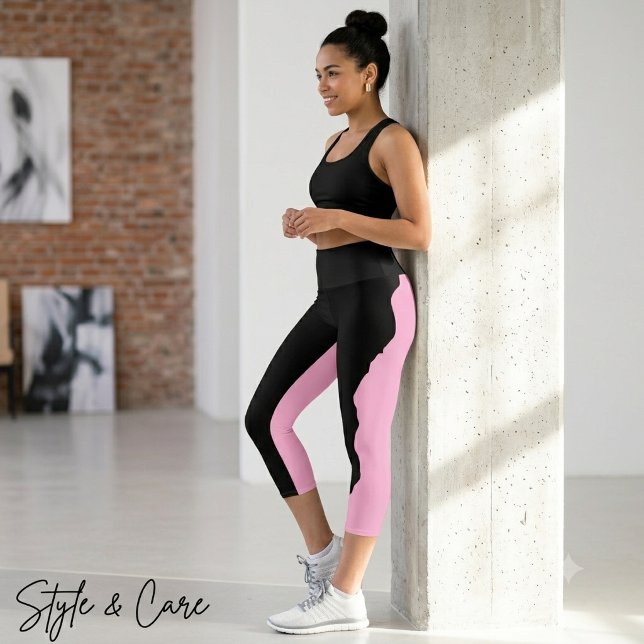 Leggings Capri Noir Gras avec Rose Doux Unique et Élégant (Bold Black with Soft Pink Unique Stylish Capri Leggings)
