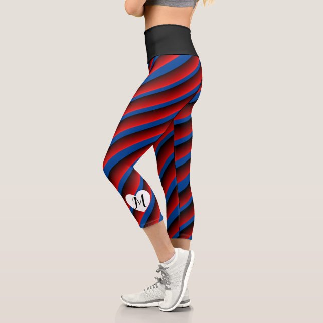 Leggings Capri Nom Monogramme Cœurs Mignons Ombre Rayures Bleu (Gauche)