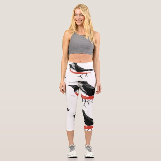 Leggings Capri Oiseaux Venteux Noirs et Rouges (Recto)