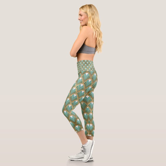 Leggings Capri Or et Aqua Art Déco Géométrique (Gauche)