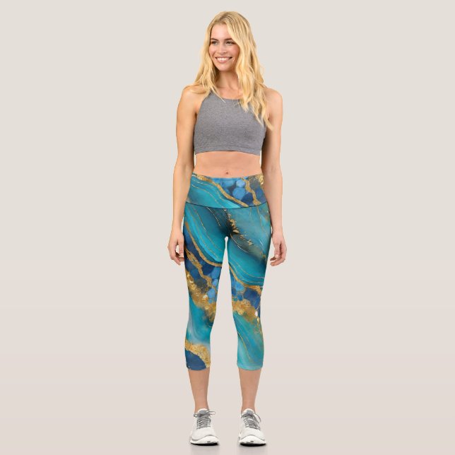Leggings Capri Or Teinté de Vert-Bleu Marbré (Recto)