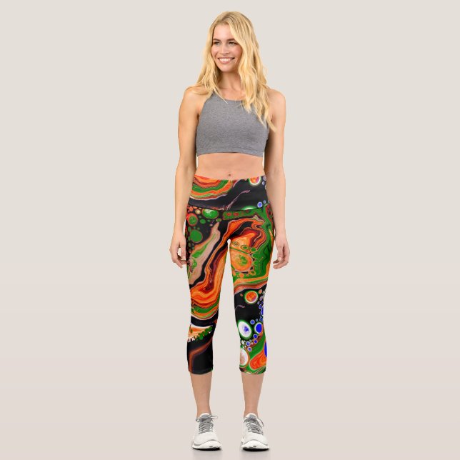Leggings Capri Orange, Bleu, Vert, Black Digital Fluid Art (Recto)