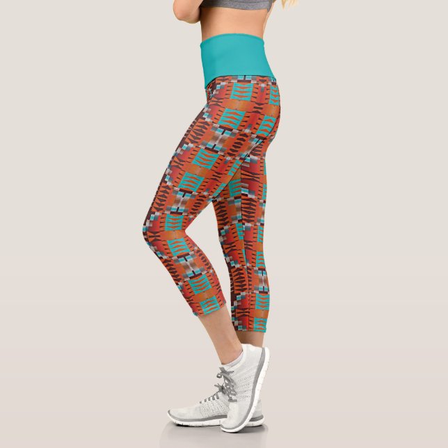 Leggings Capri Orange Brown Turquoise Bleu Ethnic Mosaic Motif (Gauche)