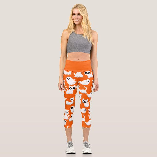 Leggings Capri orangé de chien fantôme d'halloween (Recto)