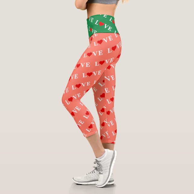 Leggings Capri Orange LOVE et Red Heart Motif Élégant romantique (Gauche)