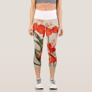 Leggings Capri Orchidées rouges Fleur Vintage vieille illustratio