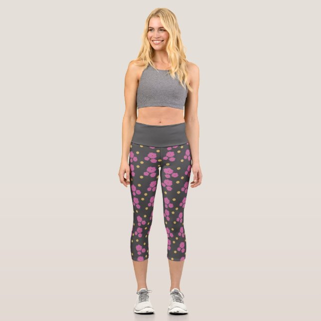 Leggings Capri Ouah ! Élégant motif gris foncé et rose (Recto)