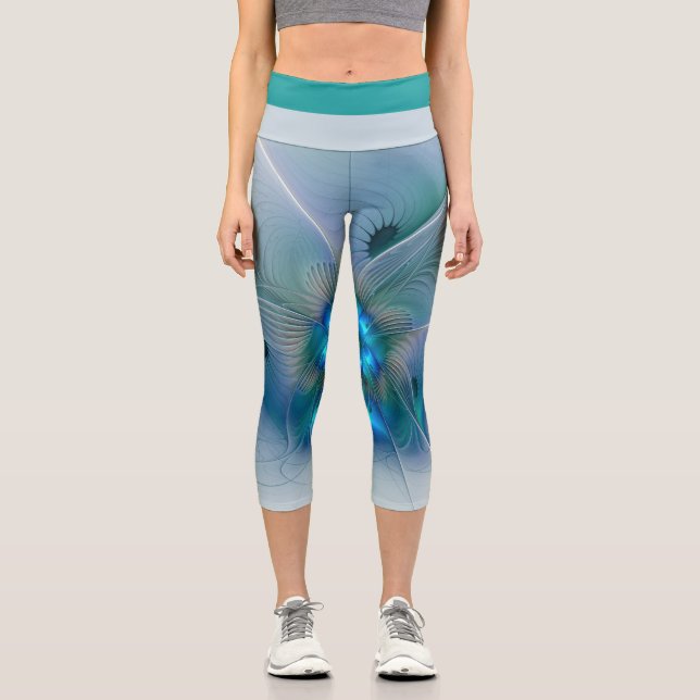 Leggings Capri Ovations debout, fractale abstraite bleu turquoise (Recto)