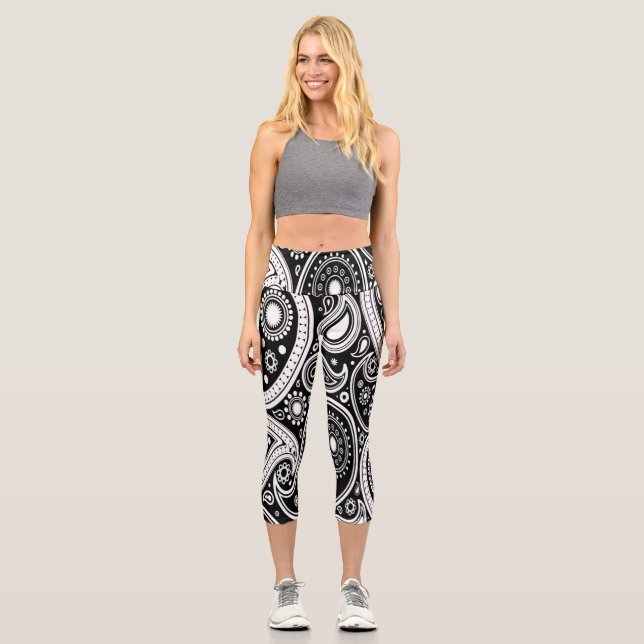 Leggings Capri Paisley noir et blanc Imprimer Pantalon de Yoga (Recto)