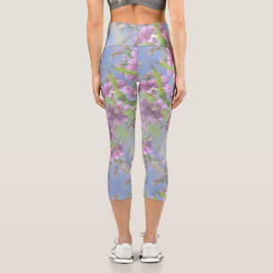 Leggings Capri Pale Pastel Blue Sky Fleurs sauvages violet rose